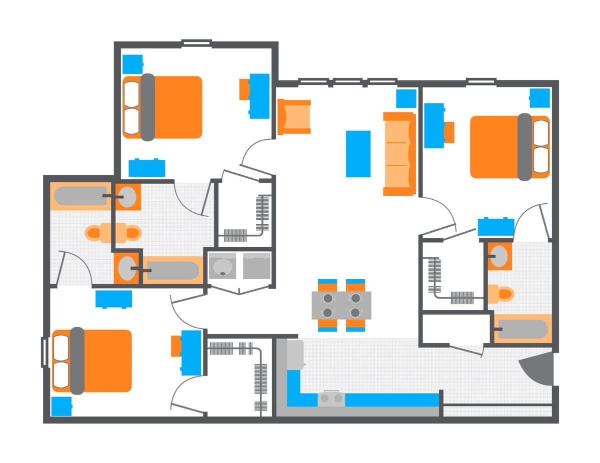 A 3D image of the 3BR/3BA floorplan, a 1840 squarefoot, 3 bed / 3 bath unit