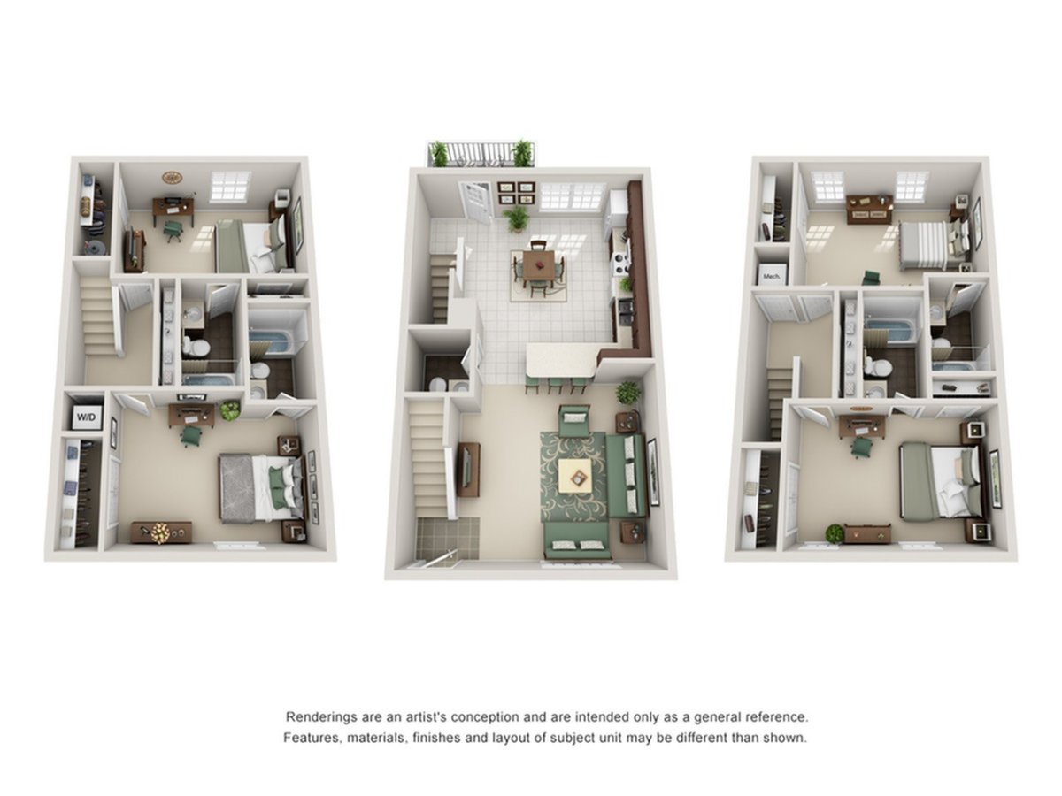 A 3D image of the 4BR/4.5BA floorplan, a 2012 squarefoot, 4 bed / 4.5 bath unit