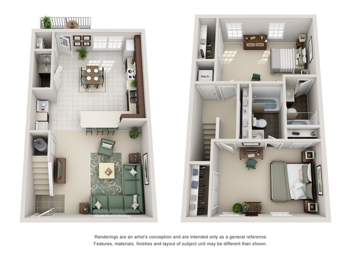 A 3D image of the 2BR/2.5BA floorplan, a 1224 squarefoot, 2 bed / 2.5 bath unit