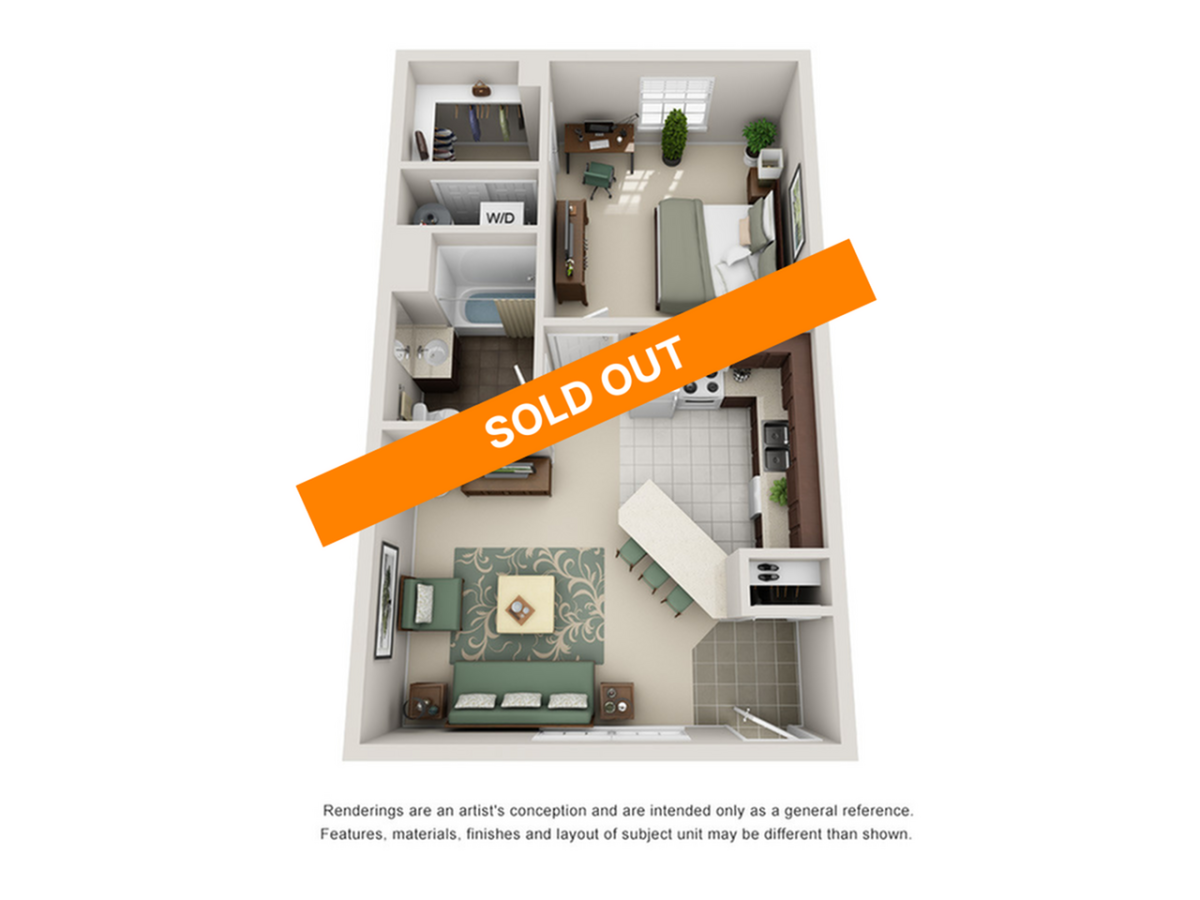 A 3D image of the 1BR/1BA floorplan, a 650 squarefoot, 1 bed / 1 bath unit
