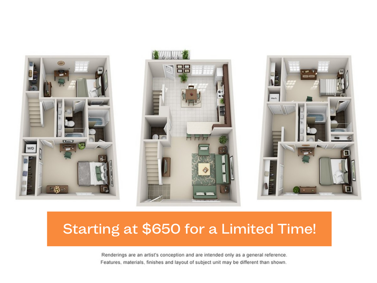 A 3D image of the 4BR/4.5BA floorplan, a 2012 squarefoot, 4 bed / 4.5 bath unit