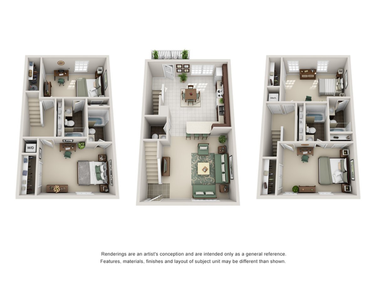 A 3D image of the 4BR/4.5BA floorplan, a 2012 squarefoot, 4 bed / 4.5 bath unit